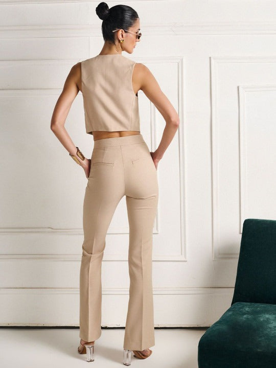 Women Beige Bootcut Flared High-Rise Trousers