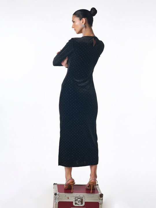 Women Black Polka Dot Fit & Flare Velvet Maxi Dress