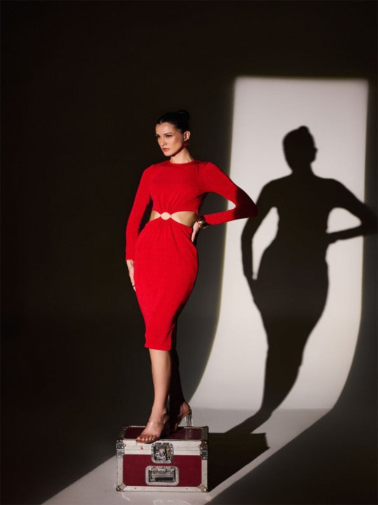 Women Red Solid Bodycon Dress with Cut-Out Detail and Long Sleeves