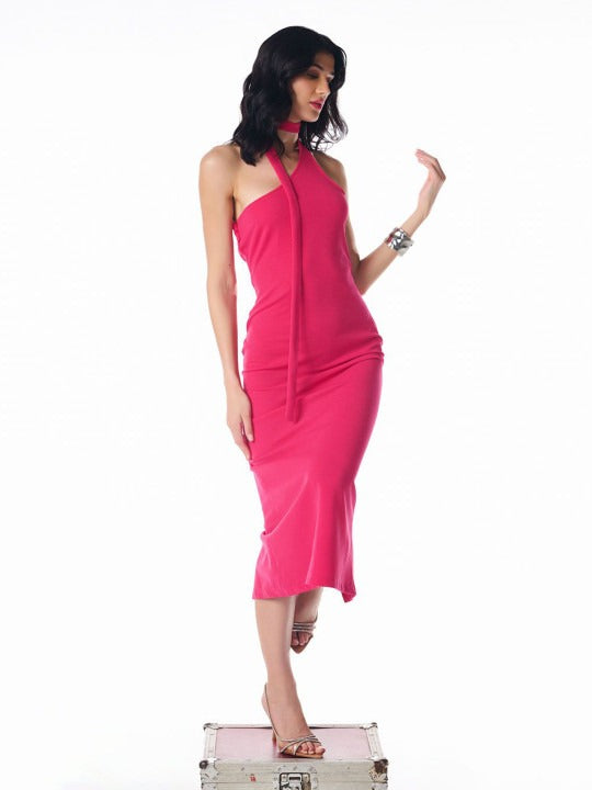 Women Pink Bodycon Maxi Dress with Tie-Up Neck | Scuba Fabric