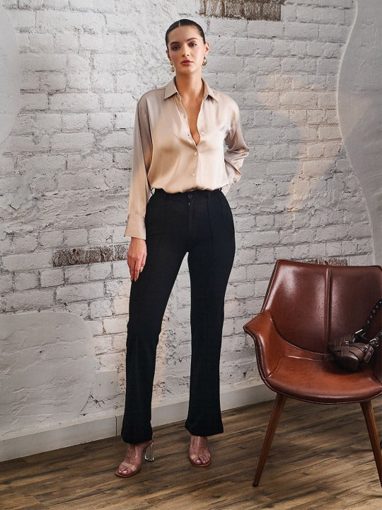 Women Beige Solid Casual Shirt | Spread Collar Long Sleeve Top