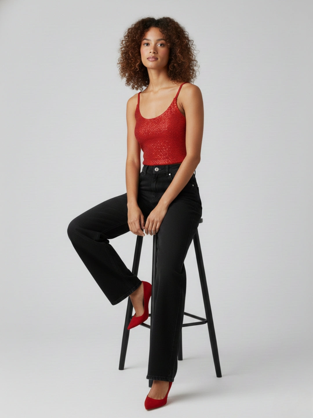 Red Sequin Smocked Cami Crop Top