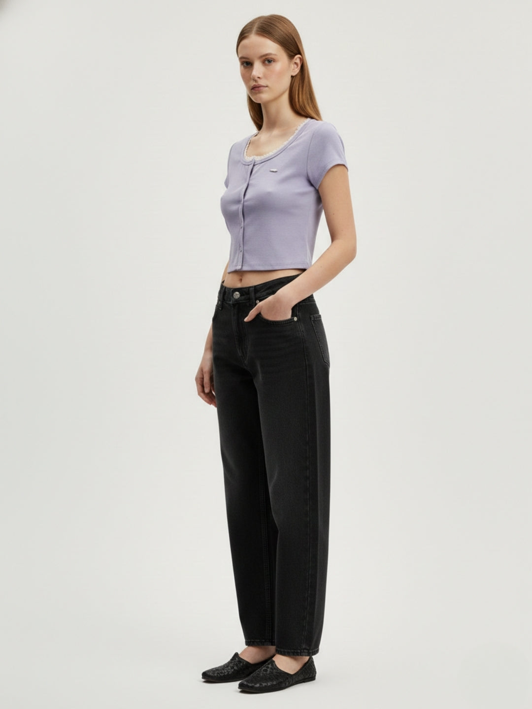 Women Lavender Crop Top with Lace Trim