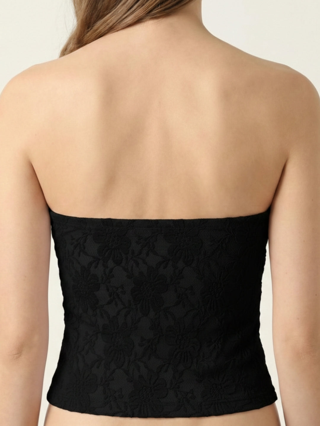 Black Floral Lace Padded Top with Side Bow Tie
