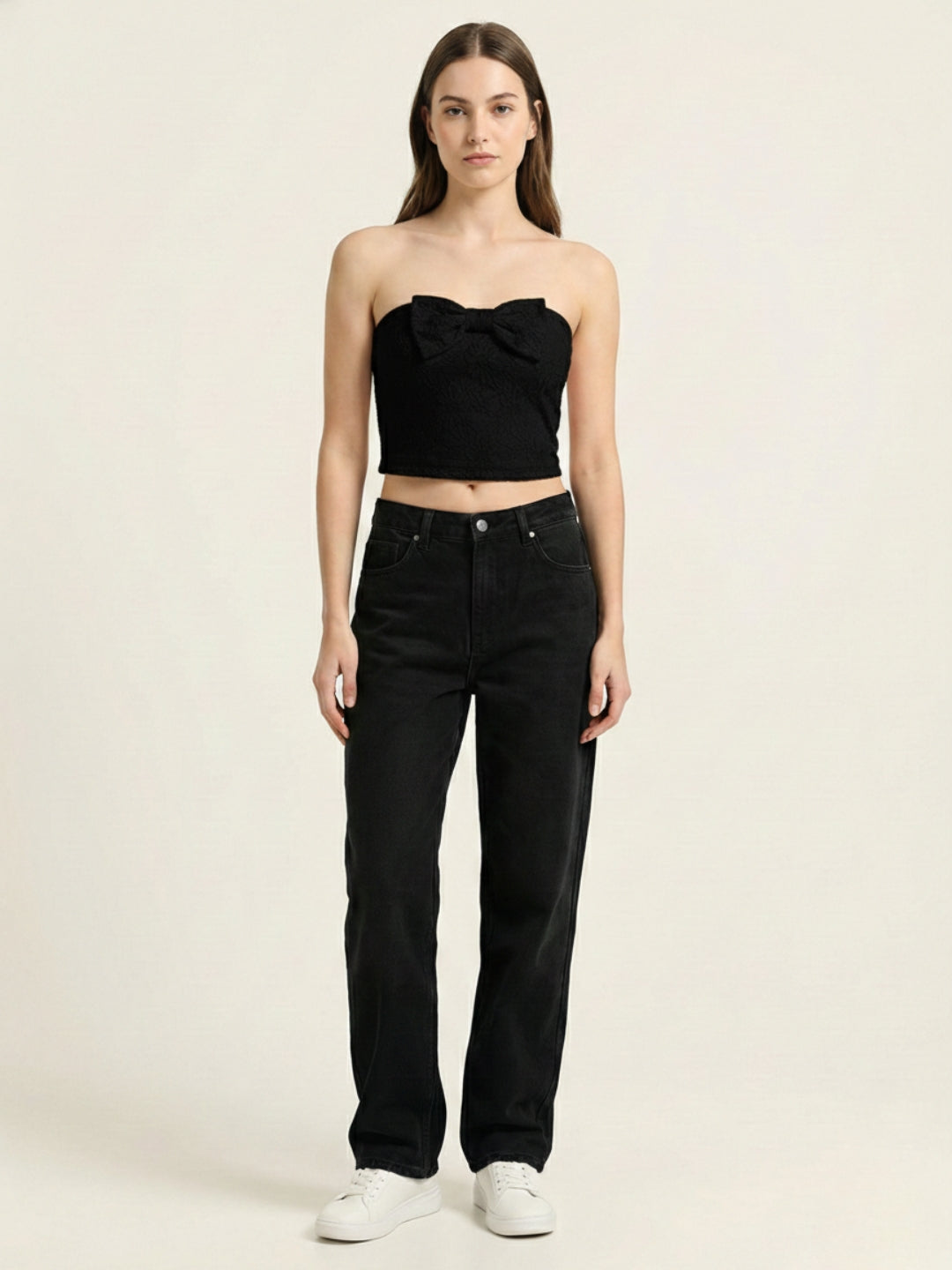 Black Floral Lace Padded Top with Side Bow Tie