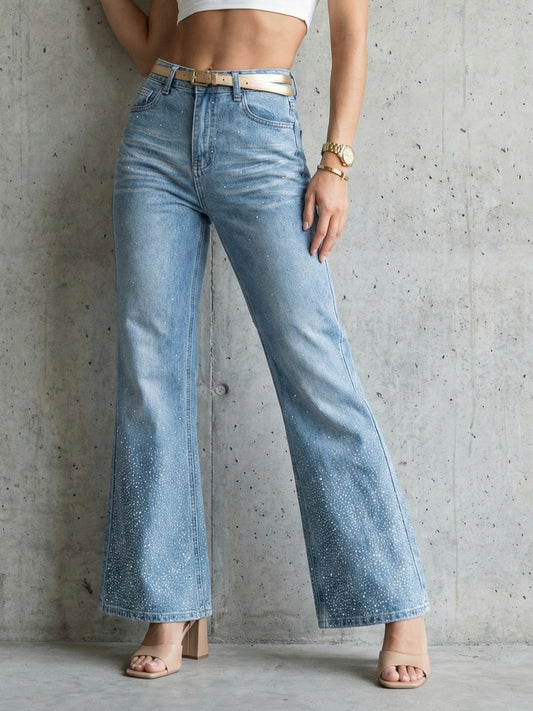 Light-Wash Crystal Bootcut Denim Jean by DELAN
