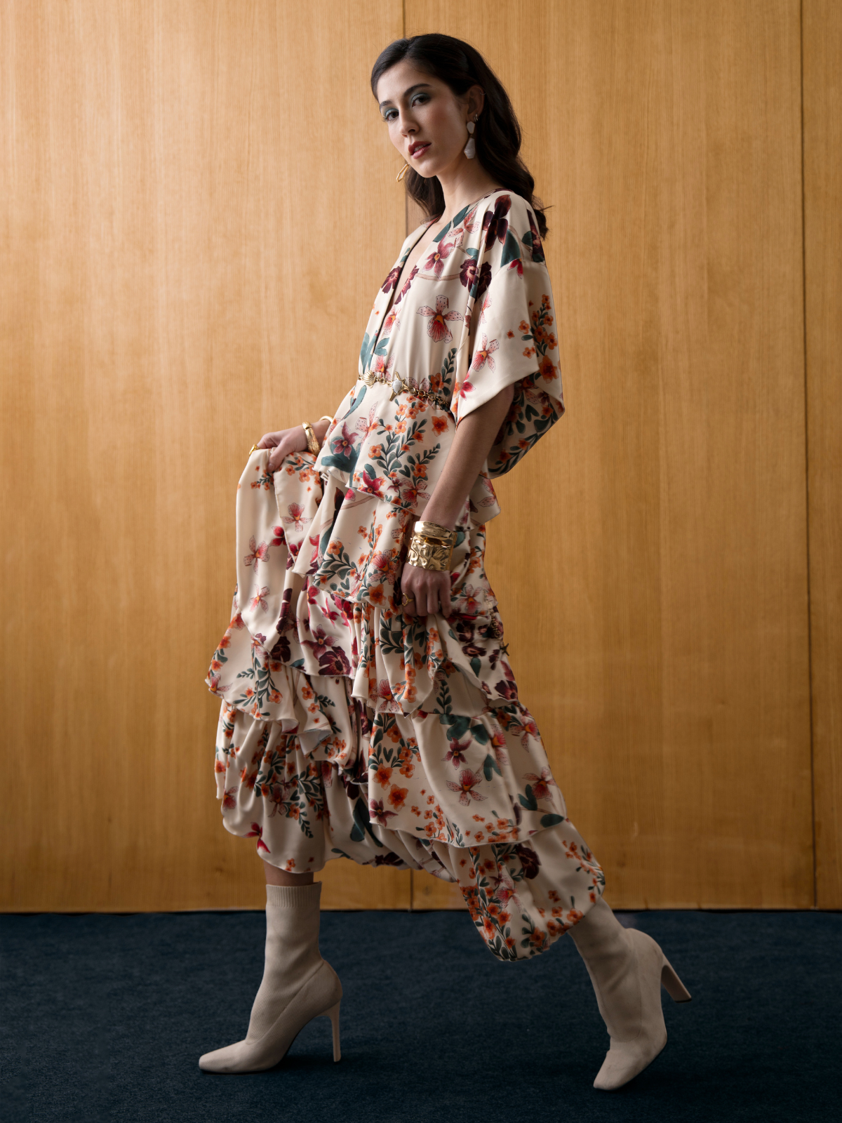 Woman wearing Love in Bloom Tier Dress in floral print

