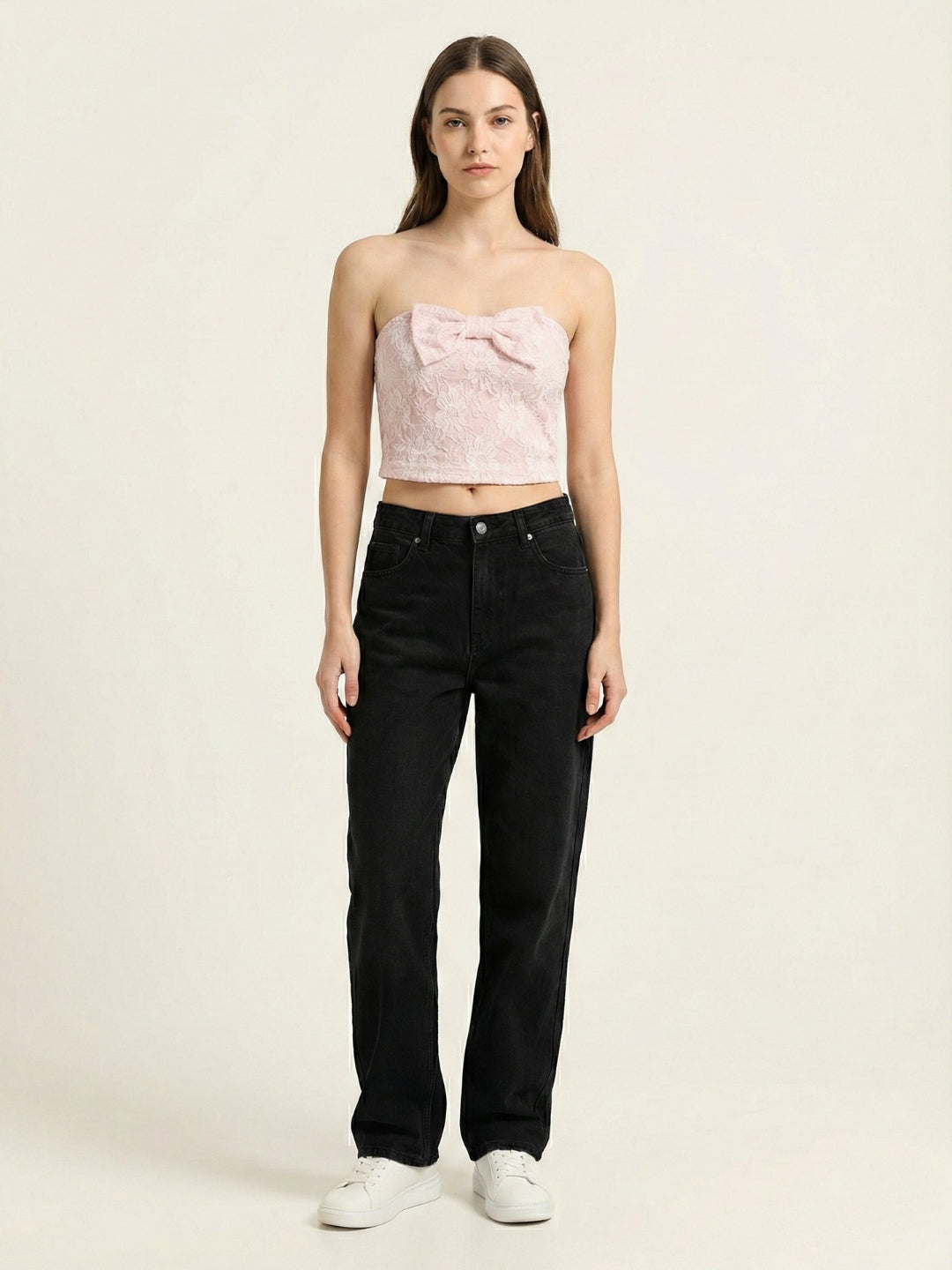Pink Floral Lace Padded Top with Side Bow Tie