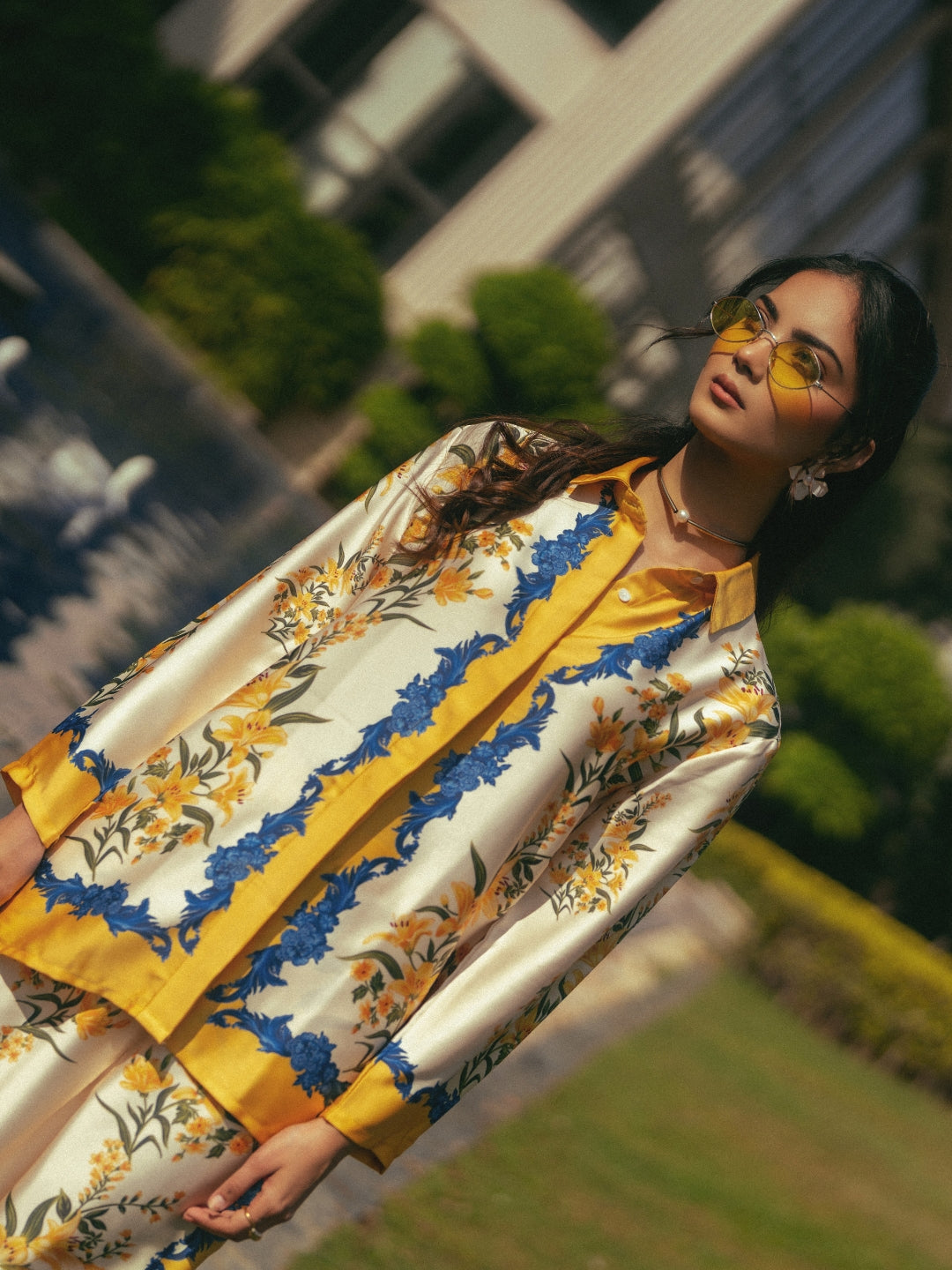 Yellow Blue Satin Co-ord Set for Women