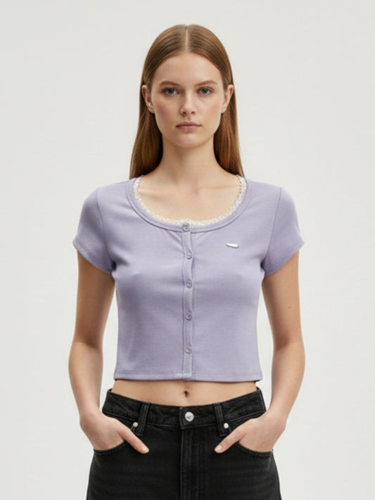 Women Lavender Crop Top with Lace Trim