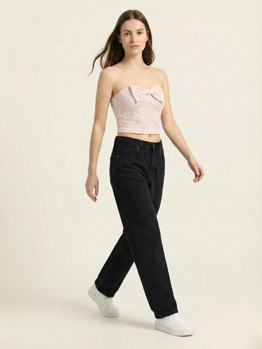 Pink Floral Lace Padded Top with Side Bow Tie