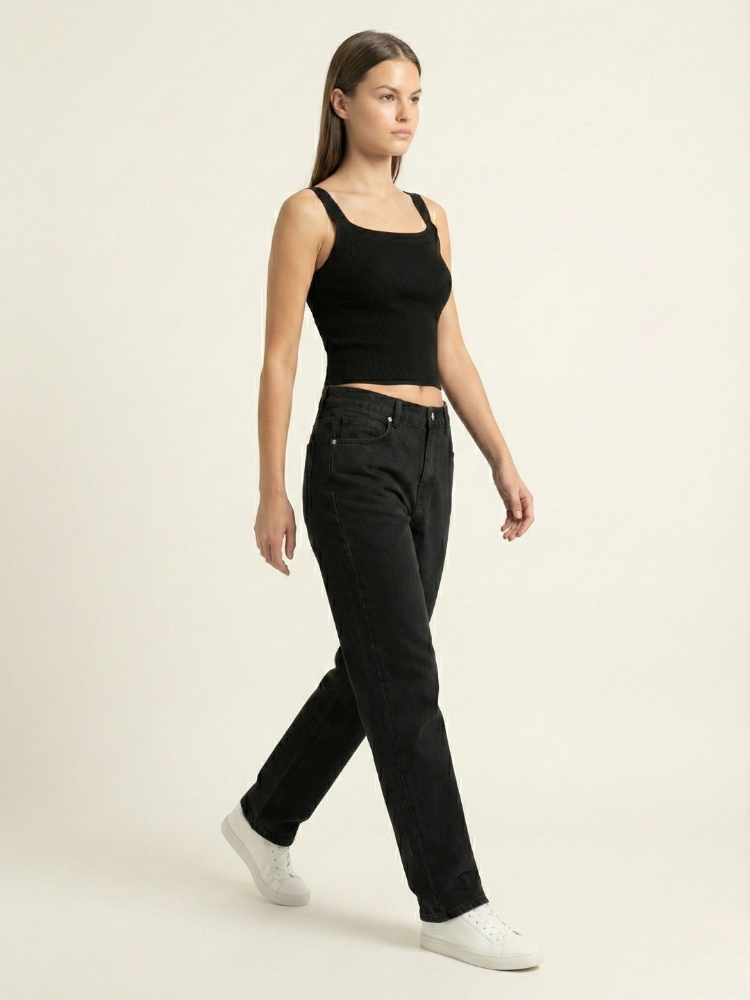 Women Black Ribbed Fitted Crop Top