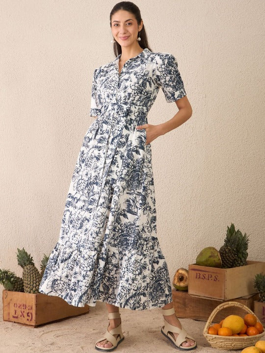 Women’s White & Blue Floral Printed Linen Shirt Dress with Belt