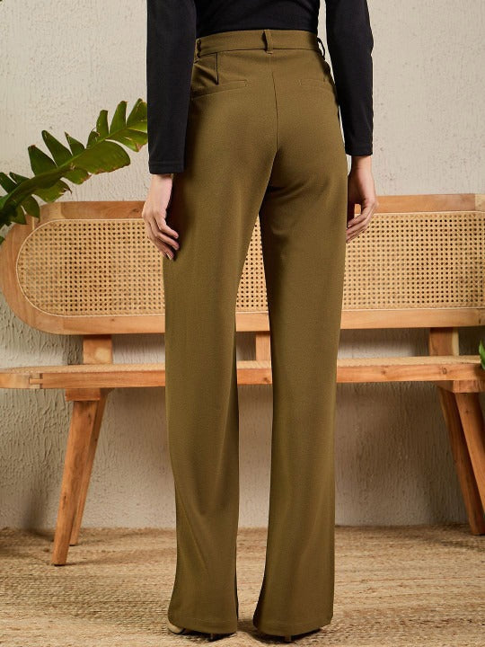 Women Olive Green Woven Bootcut Trousers – Smart Fit