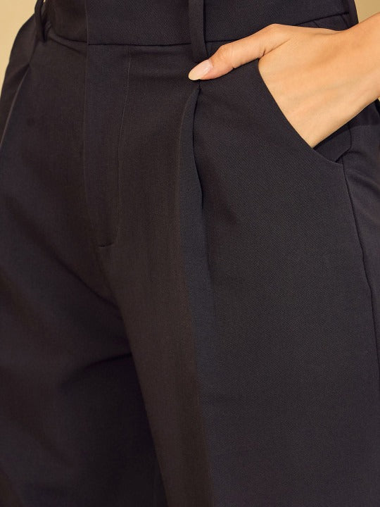 Women’s Navy Blue High-Rise Mom Fit Woven Trousers