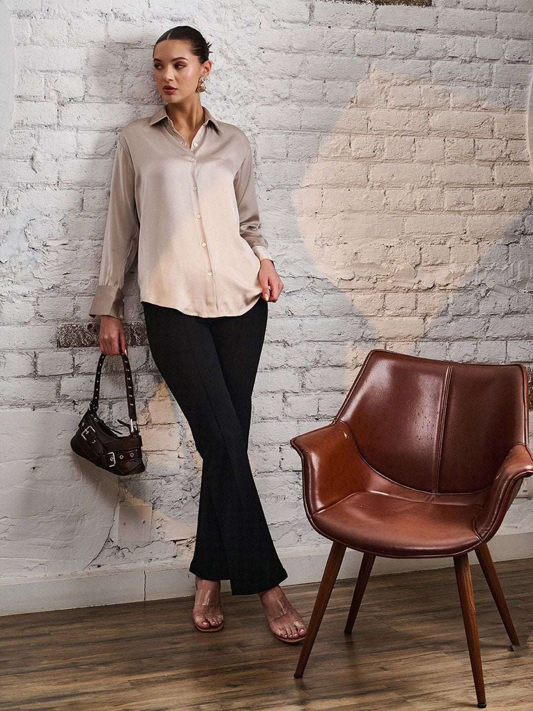 Women Beige Solid Casual Shirt | Spread Collar Long Sleeve Top