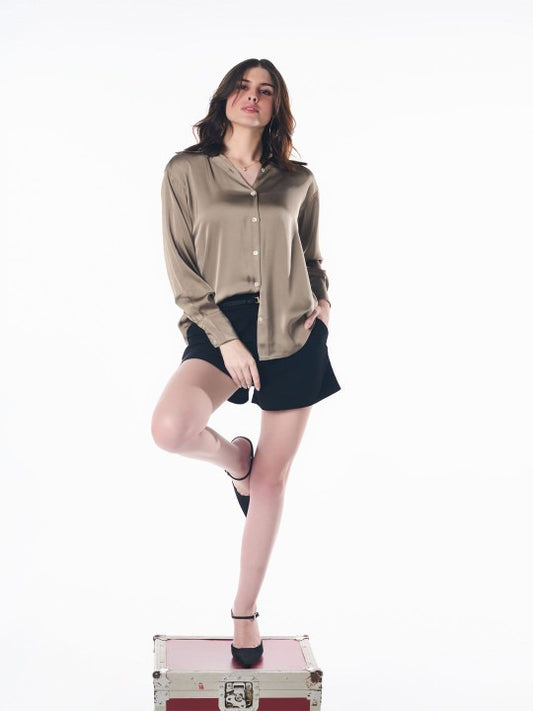 Women Brown Opaque Party Shirt | Spread Collar Long Sleeve Top