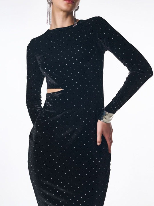 Women Black Polka Dot Fit & Flare Velvet Maxi Dress