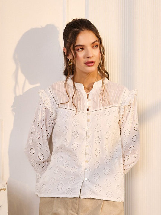 Women Brown Schiffli Ruffled Shirt Style Top