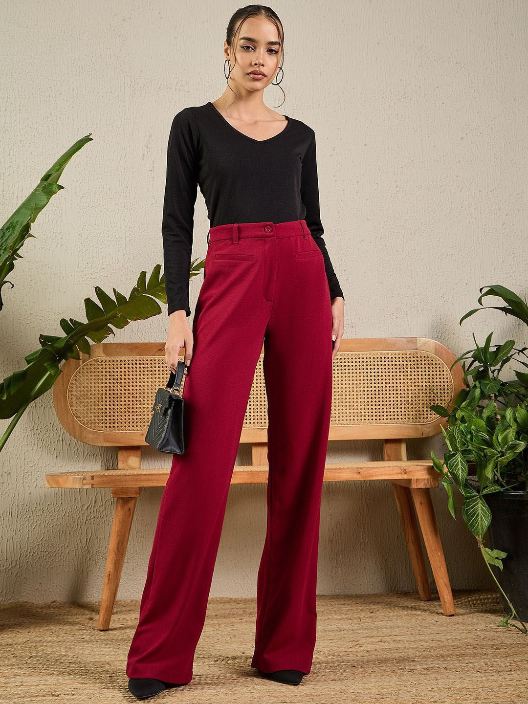 Women Maroon High-Rise Bootcut Trousers
