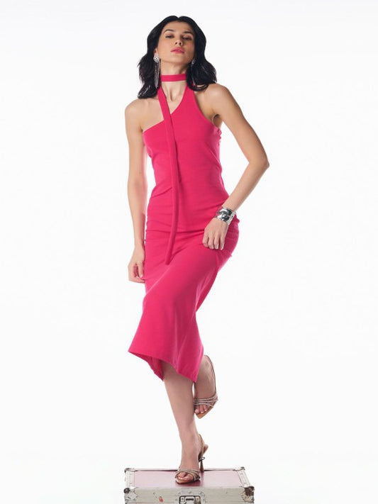 Women Pink Bodycon Maxi Dress with Tie-Up Neck | Scuba Fabric