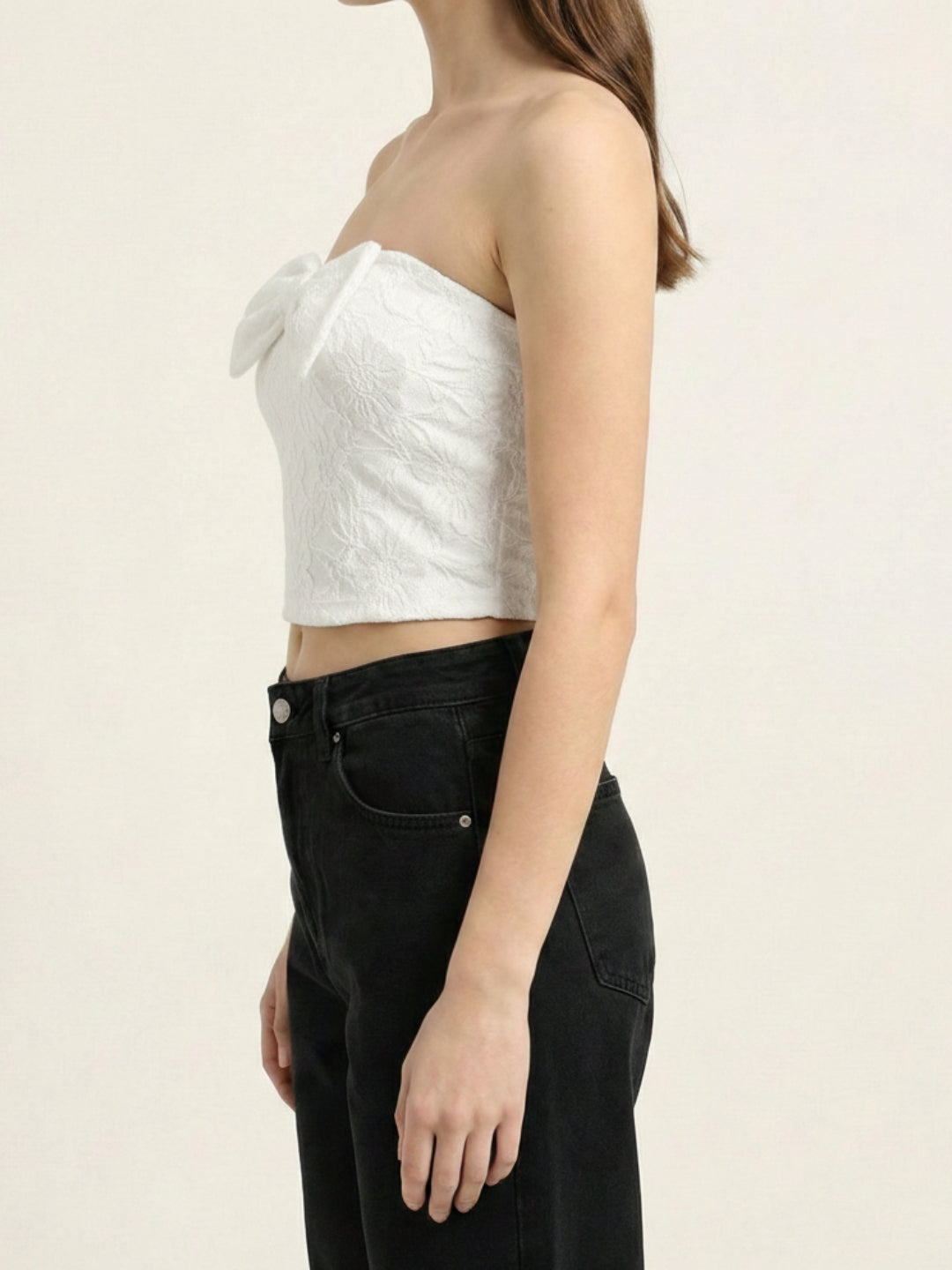 White Lace Padded Top with Side Bow Tie.