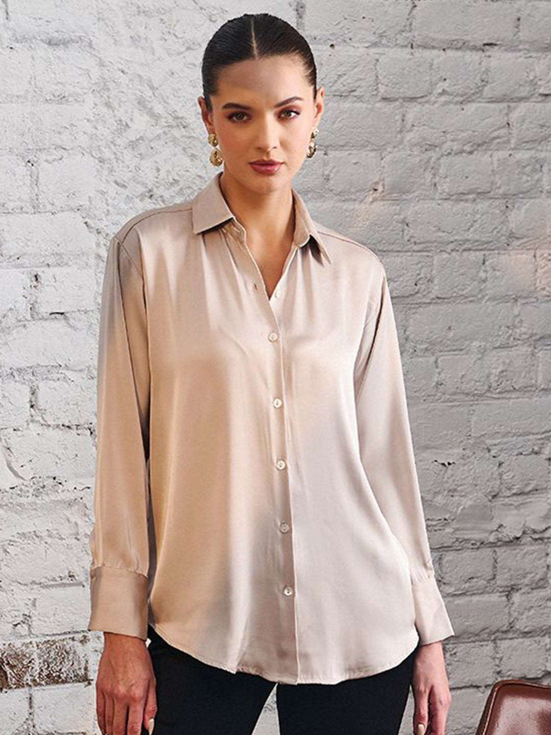 Women Beige Solid Casual Shirt | Spread Collar Long Sleeve Top