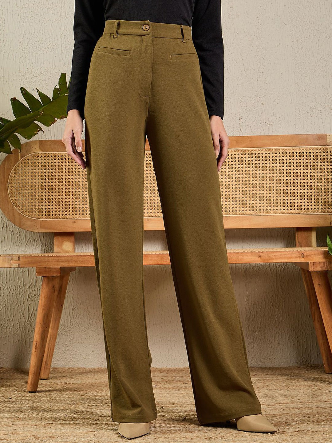 Women Olive Green Woven Bootcut Trousers – Smart Fit
