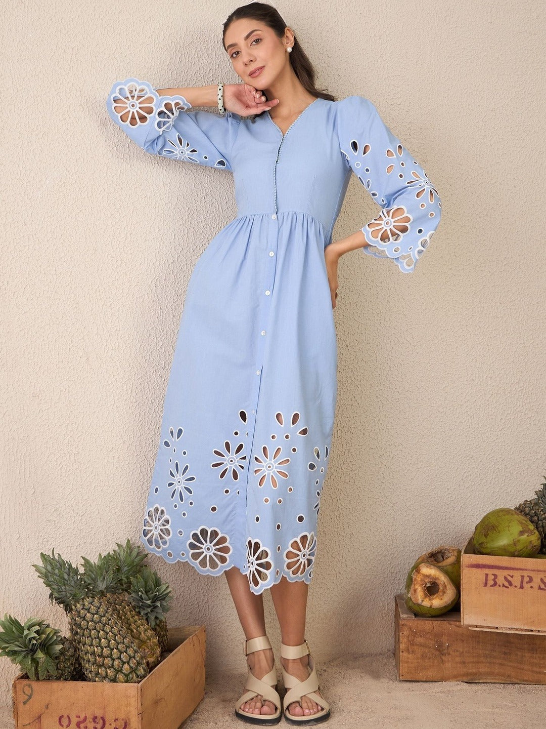 Blue Solid Shirt Midi Dress for Women – V-Neck, Cotton, Flared Hem
