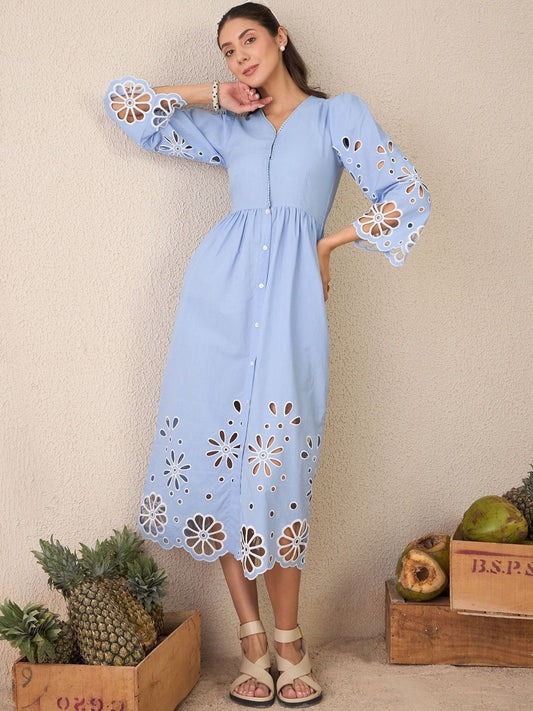 Blue Solid Shirt Midi Dress for Women – V-Neck, Cotton, Flared Hem