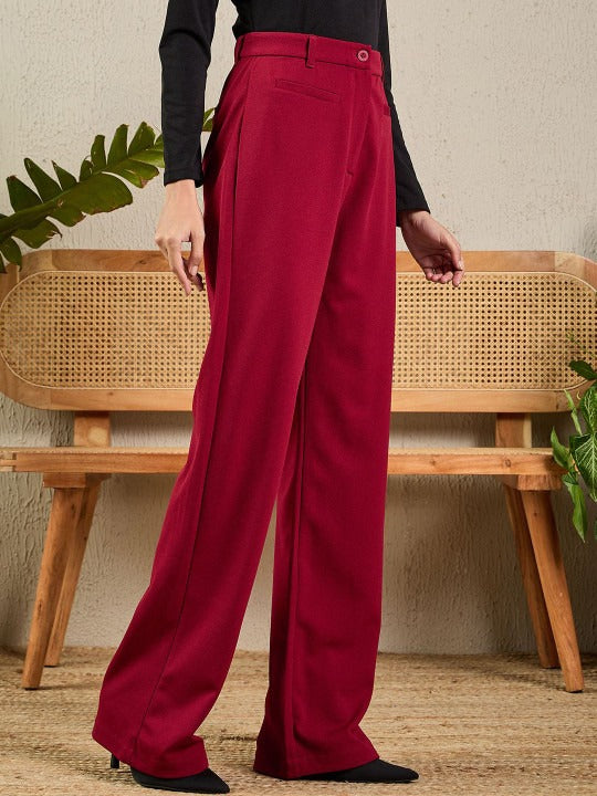 Women Maroon High-Rise Bootcut Trousers