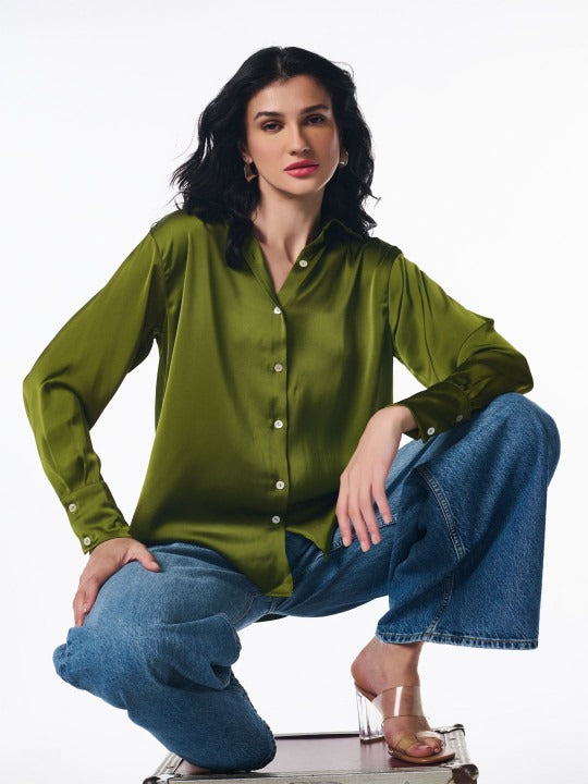 Women Olive Green Opaque Party Shirt | Spread Collar Long Sleeve Top