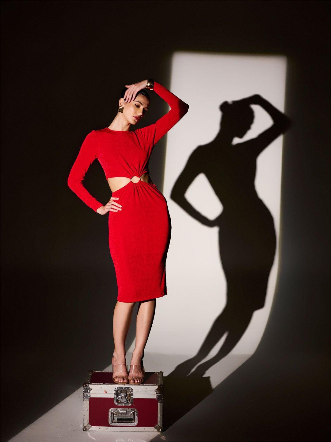 Women Red Solid Bodycon Dress with Cut-Out Detail and Long Sleeves
