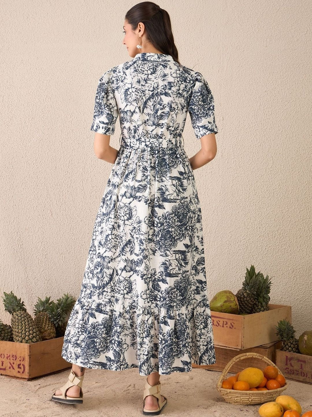 Women’s White & Blue Floral Printed Linen Shirt Dress with Belt