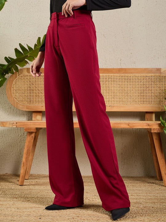 Women Maroon High-Rise Bootcut Trousers