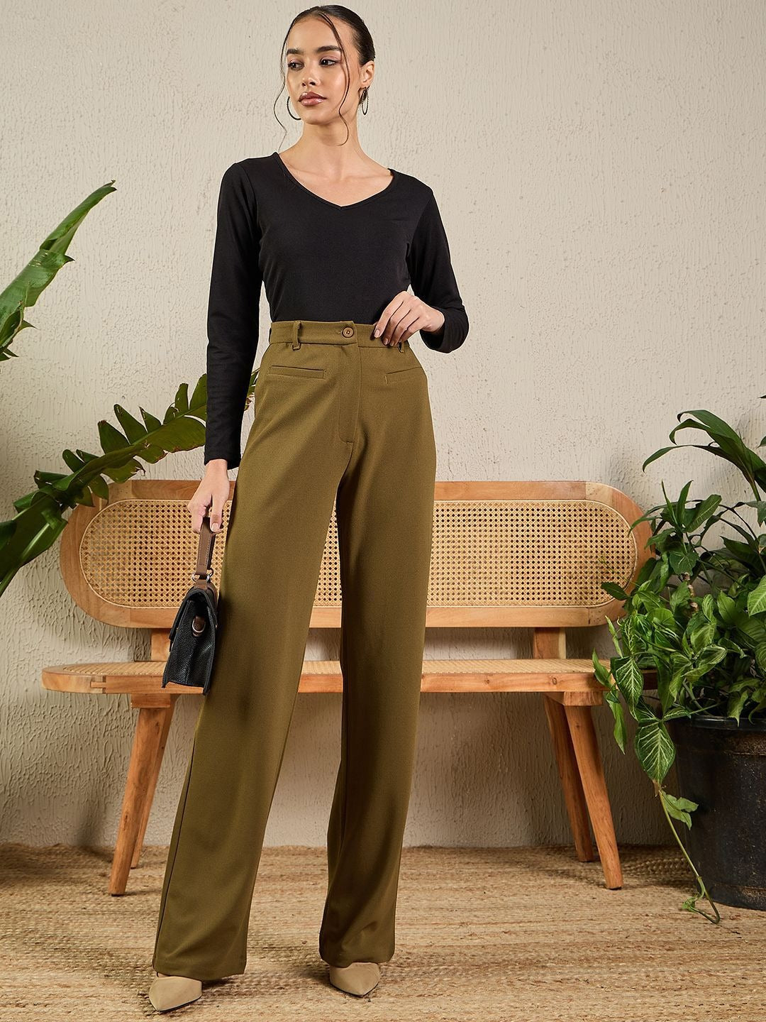 Women Olive Green Woven Bootcut Trousers – Smart Fit
