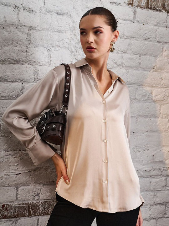 Women Beige Solid Casual Shirt | Spread Collar Long Sleeve Top