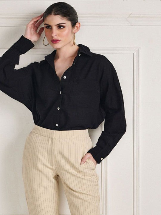 Women Beige Striped Bootcut High-Rise Trousers