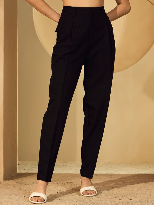 Women Black Tailored Mom Fit Trousers – High Rise