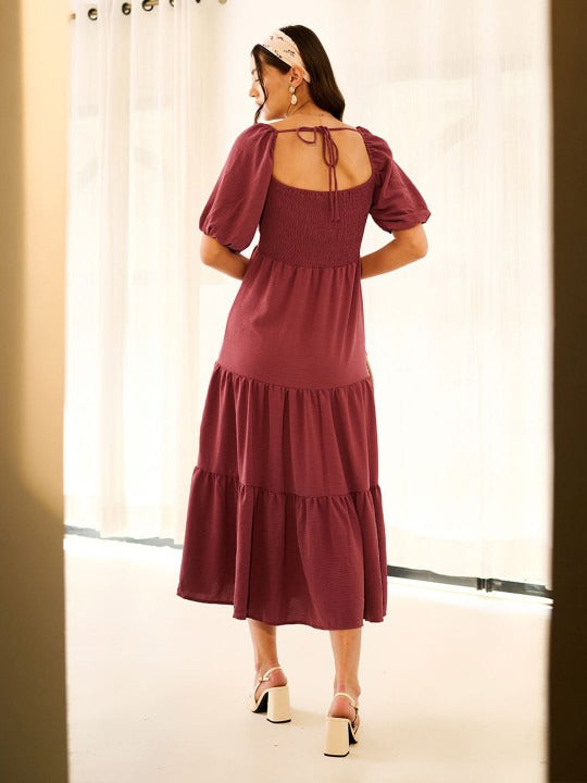 Maroon A-Line Midi Dress with Puff Sleeves