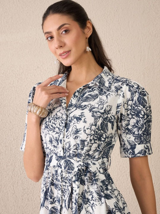 Women’s White & Blue Floral Printed Linen Shirt Dress with Belt