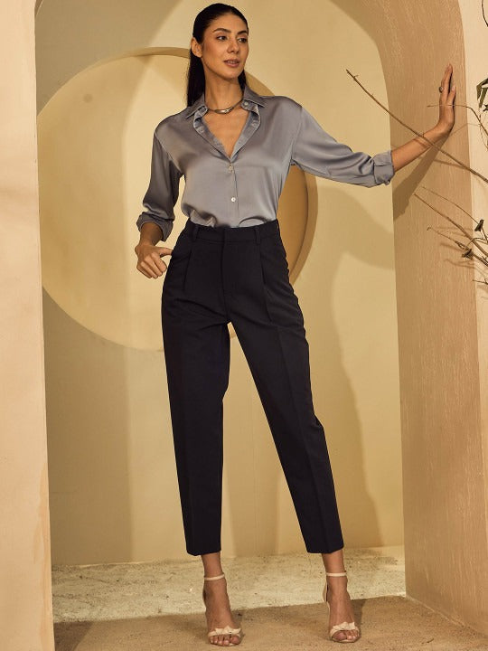 Women’s Navy Blue High-Rise Mom Fit Woven Trousers