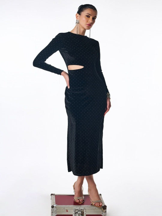 Women Black Polka Dot Fit & Flare Velvet Maxi Dress