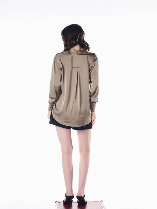 Women Brown Opaque Party Shirt | Spread Collar Long Sleeve Top