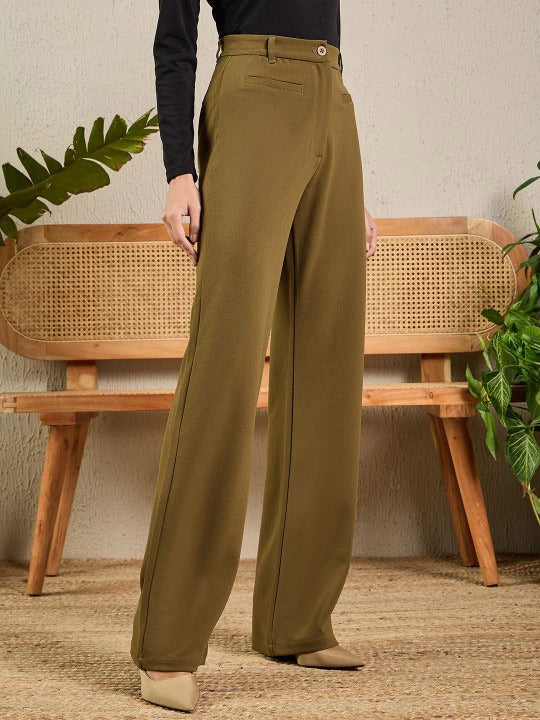 Women Olive Green Woven Bootcut Trousers – Smart Fit