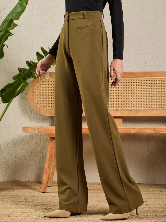 Women Olive Green Woven Bootcut Trousers – Smart Fit