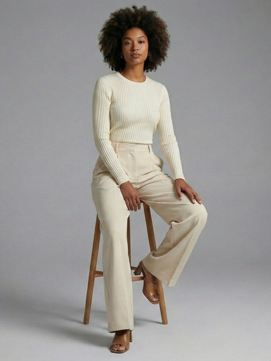 Women’s Beige High-Rise Korean Wide-Leg Trousers