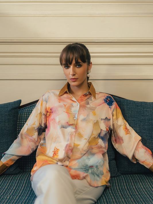Golden Bloom Oversized Satin Shirt