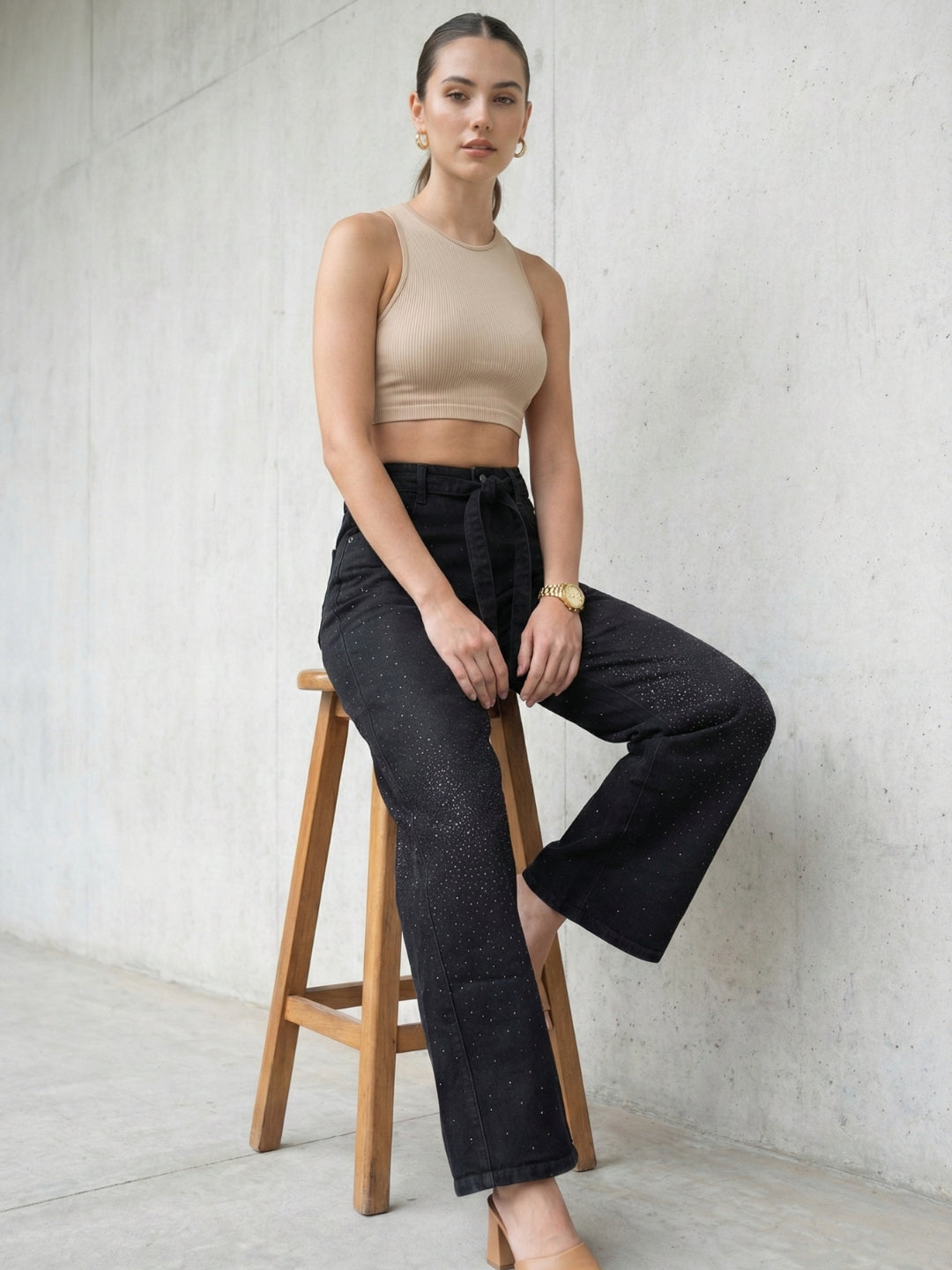 Women’s black denim jeans with crystal detailing