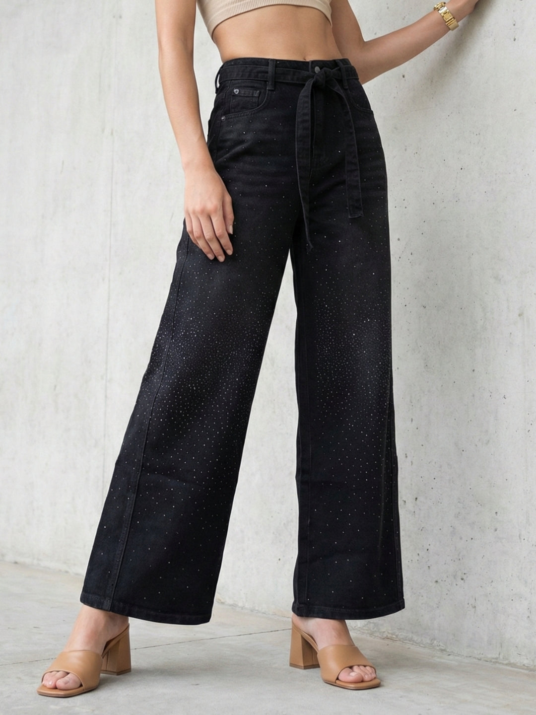 DELAN Black Crystal Wide-Leg Denim Jeans
